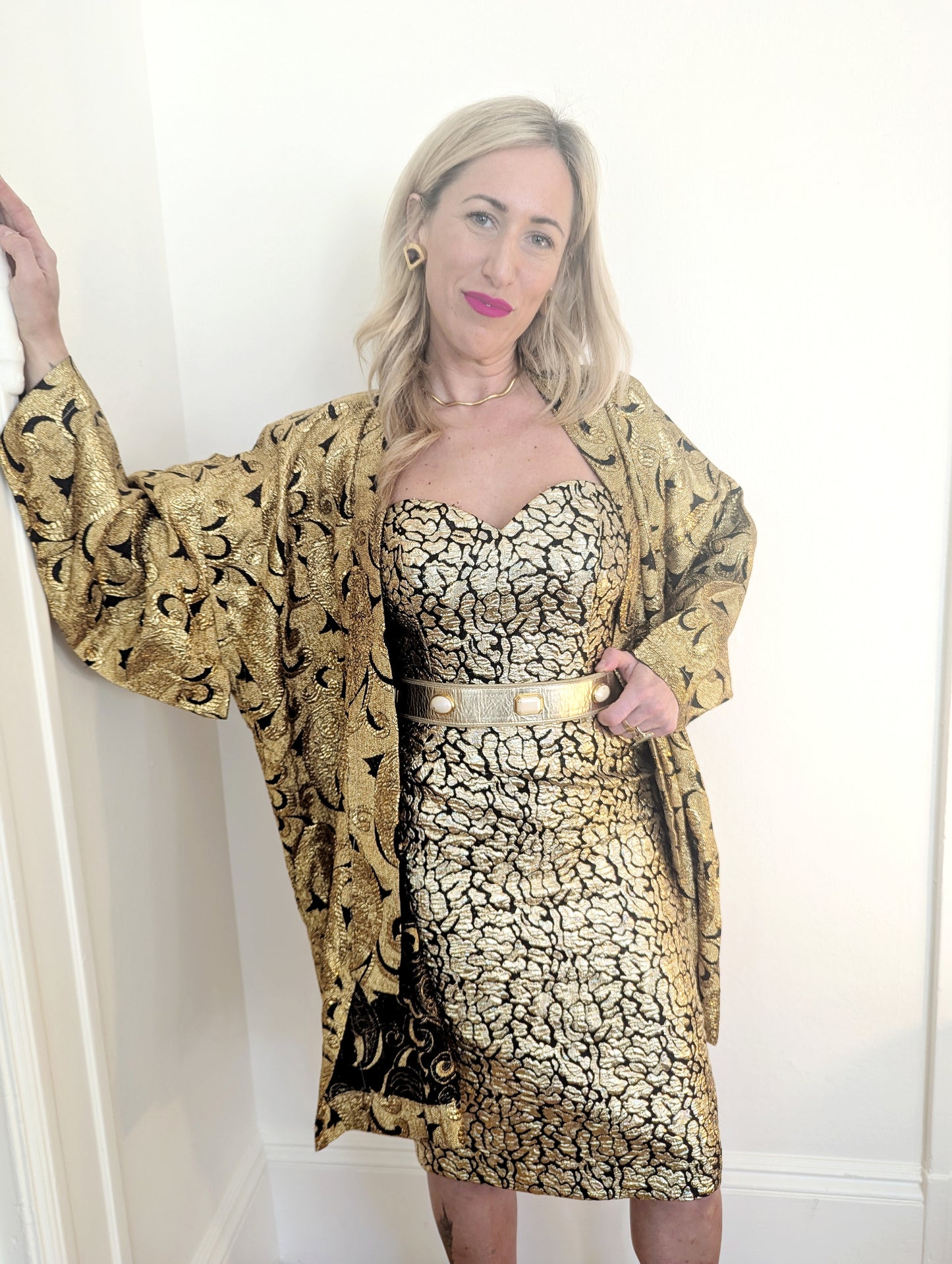 80s Gold Lamé Animal Print Party Dress