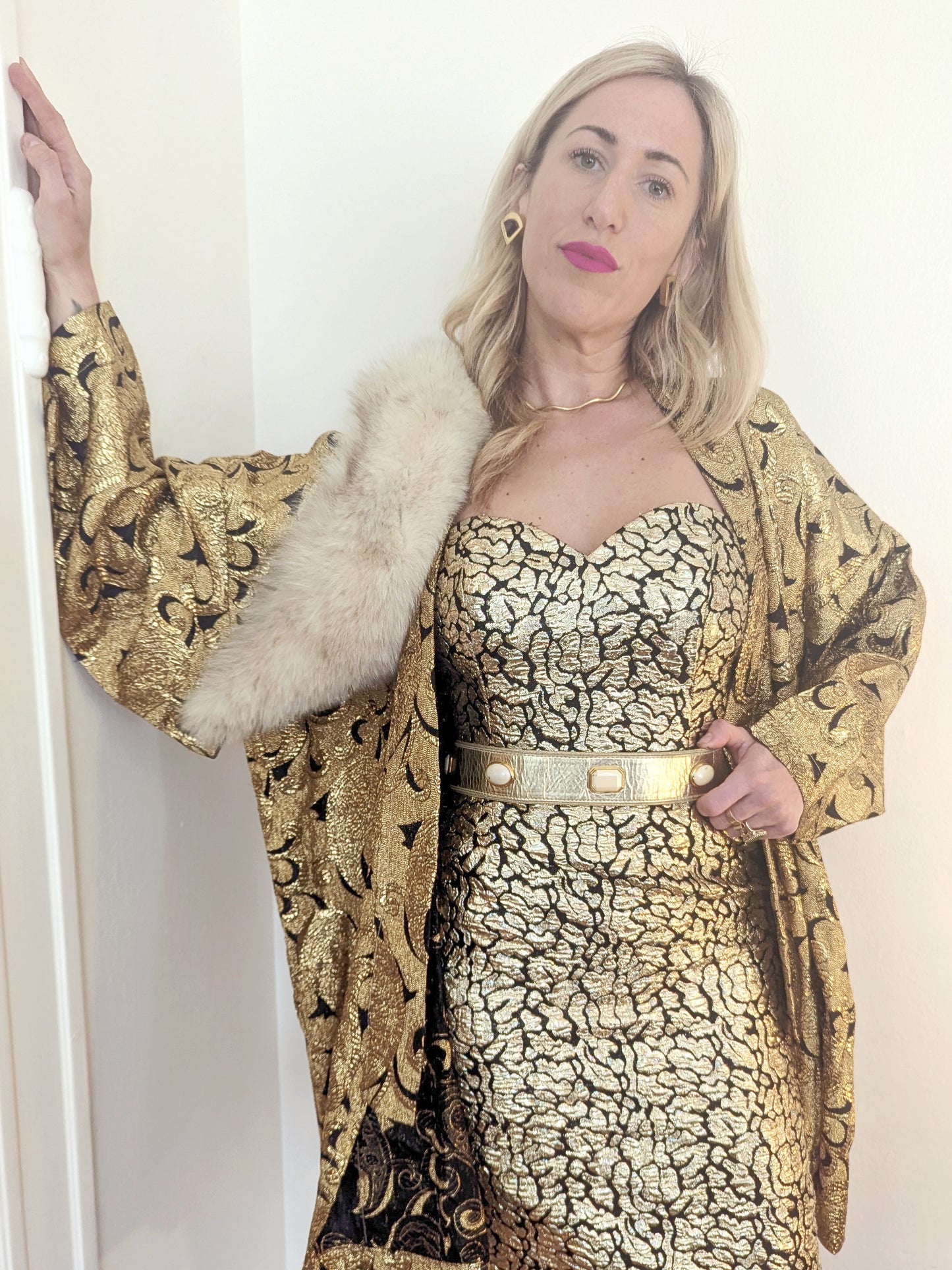 80s Gold Lamé Animal Print Party Dress