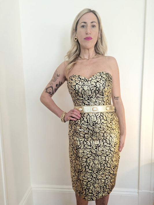 80s Gold Lamé Animal Print Party Dress