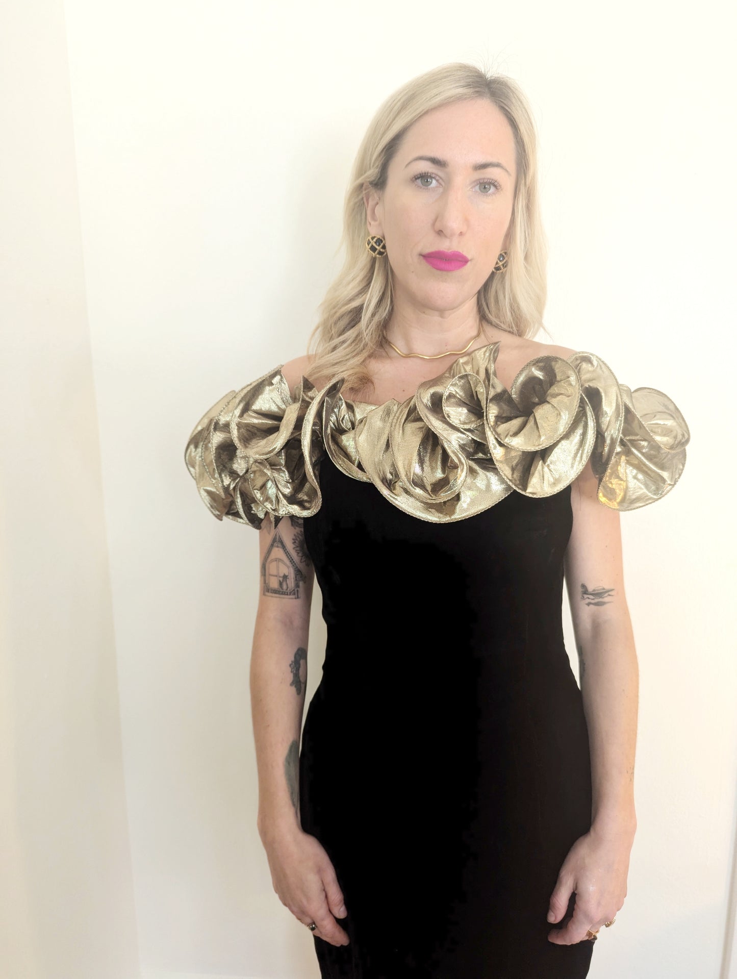 90s Gold Lamé Ruffle Top Velvet Dress