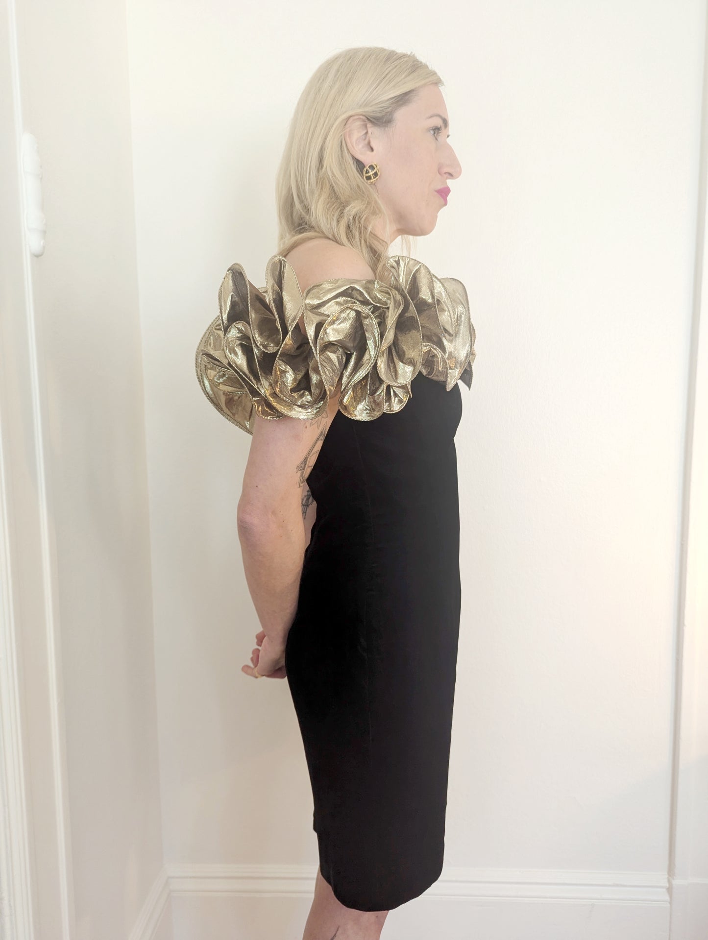 90s Gold Lamé Ruffle Top Velvet Dress