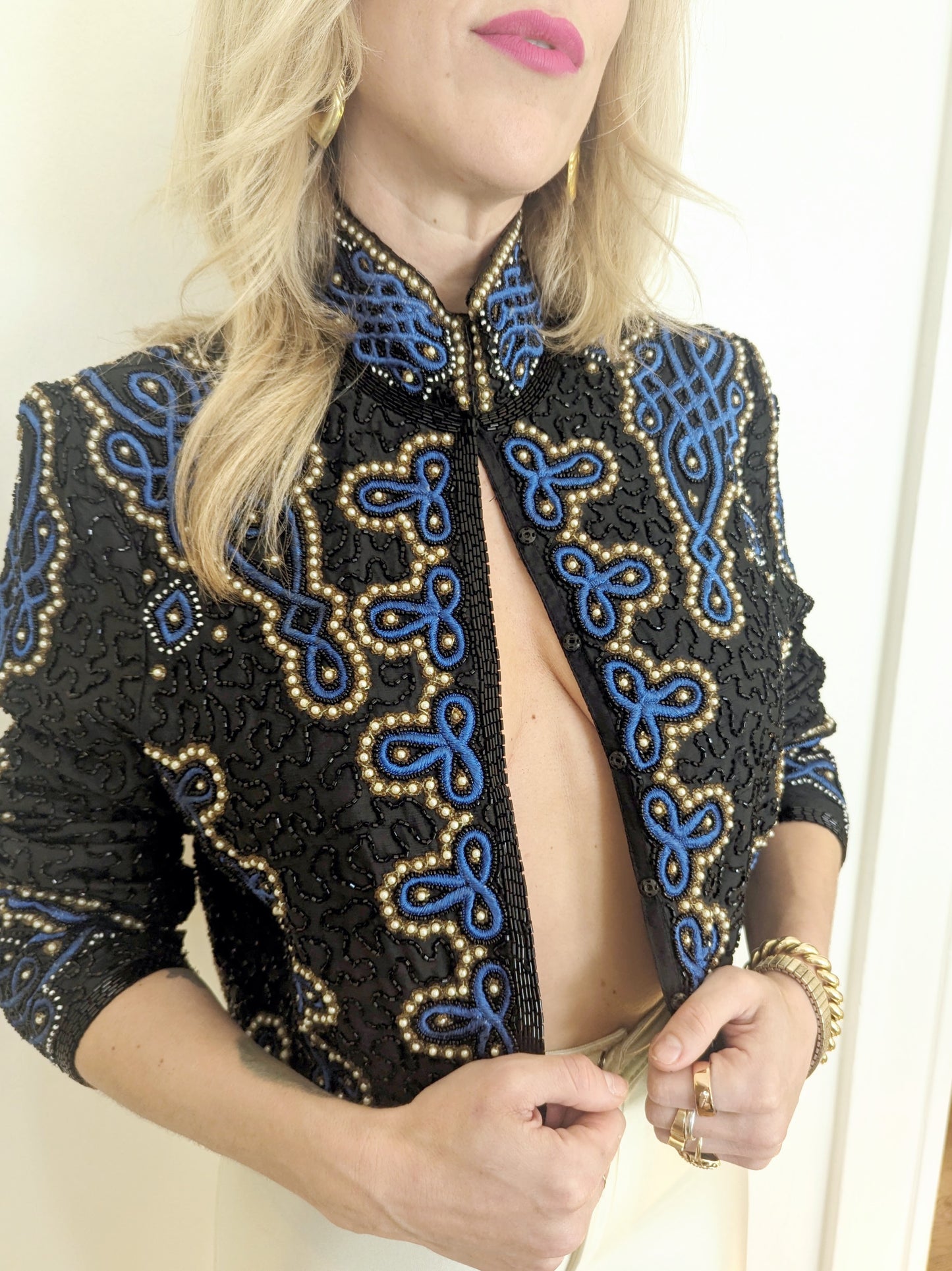 90s High Collared Beaded Blue Jacket