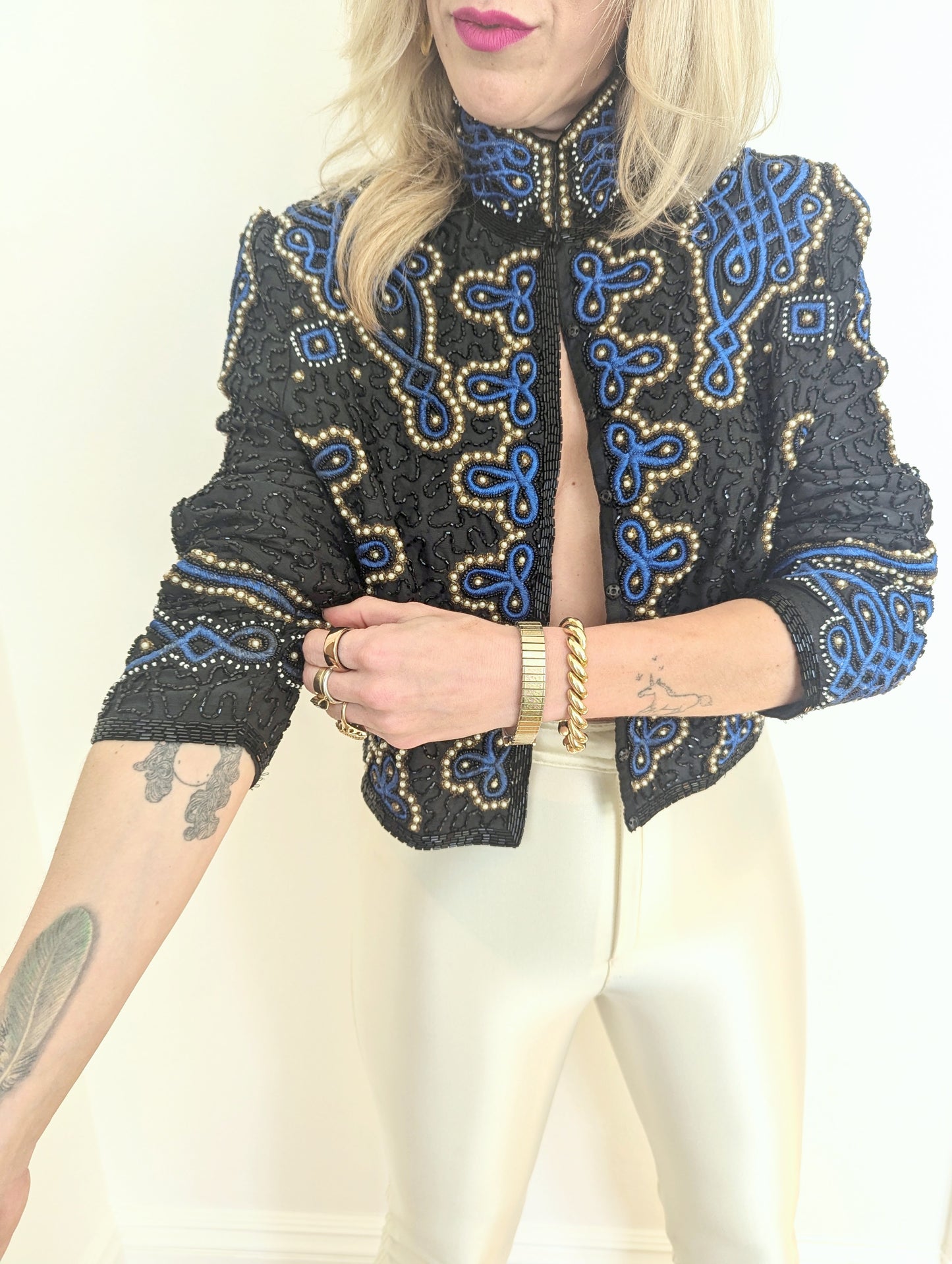 90s High Collared Beaded Blue Jacket