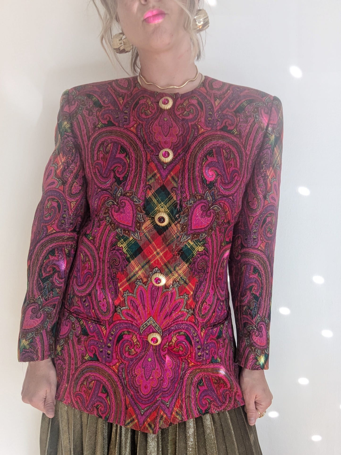 90s Pink Metallic Paisley + Plaid Blazer