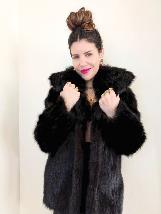 80s Black Mink Coat w/ Fox Collar