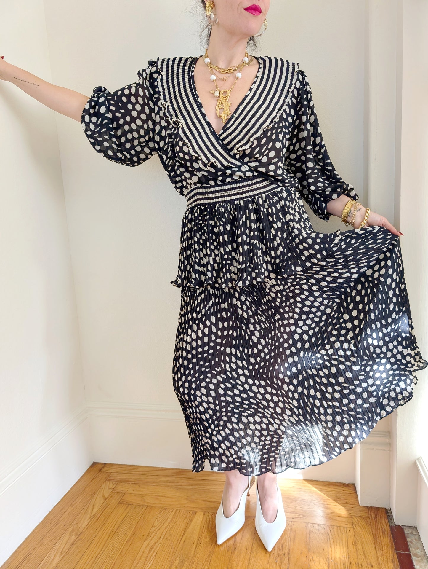 80s Susan Freis Polka-dotted Ruffle Dress