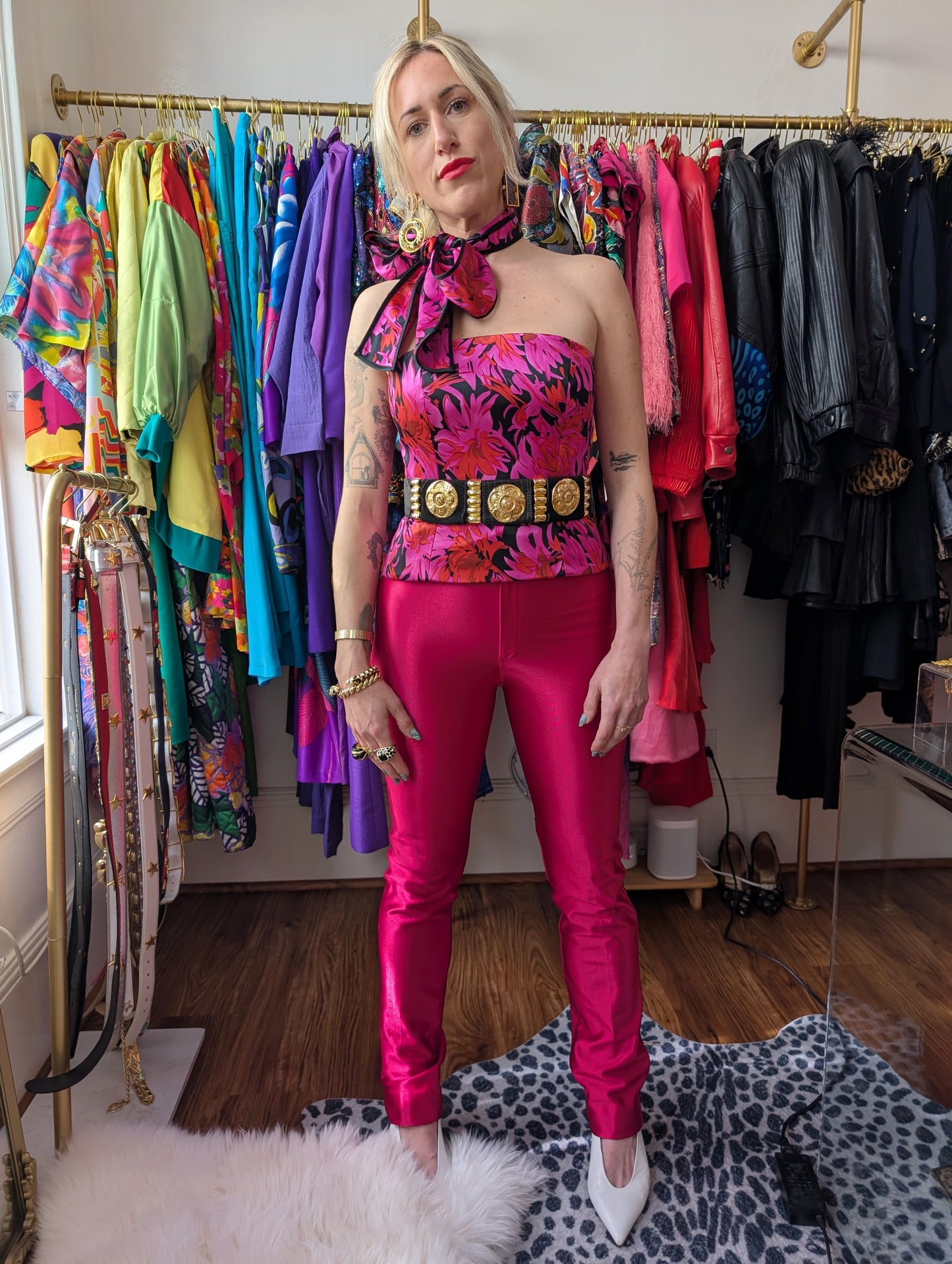90s Kay Unger Satin Floral Tube Top