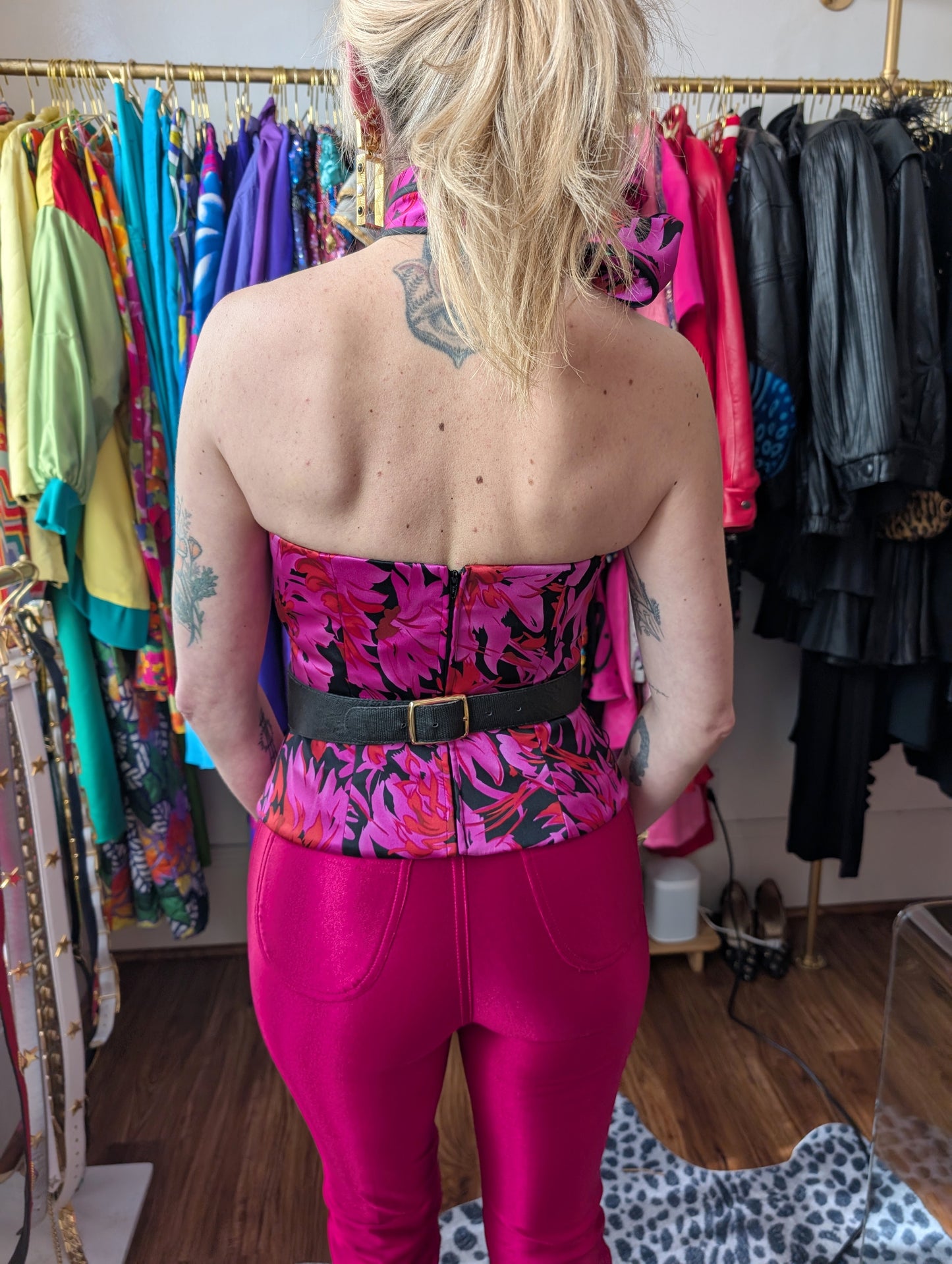 90s Kay Unger Satin Floral Tube Top