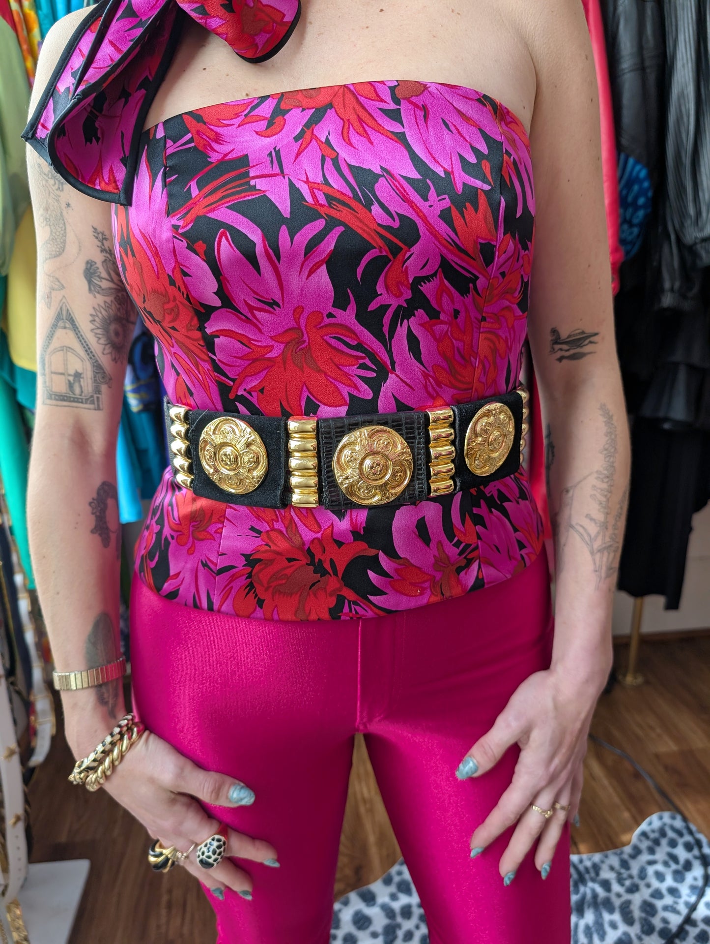 90s Kay Unger Satin Floral Tube Top