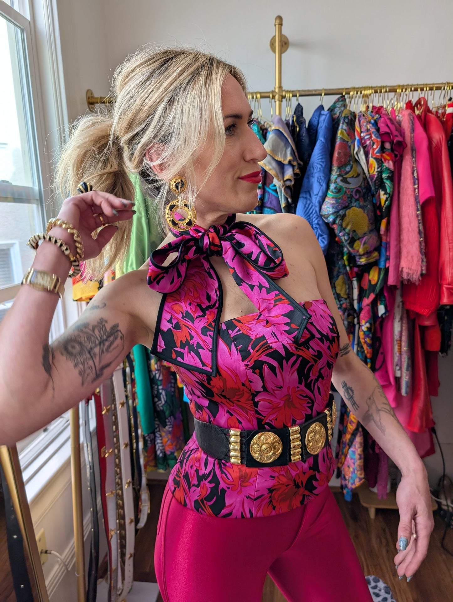 90s Kay Unger Satin Floral Tube Top