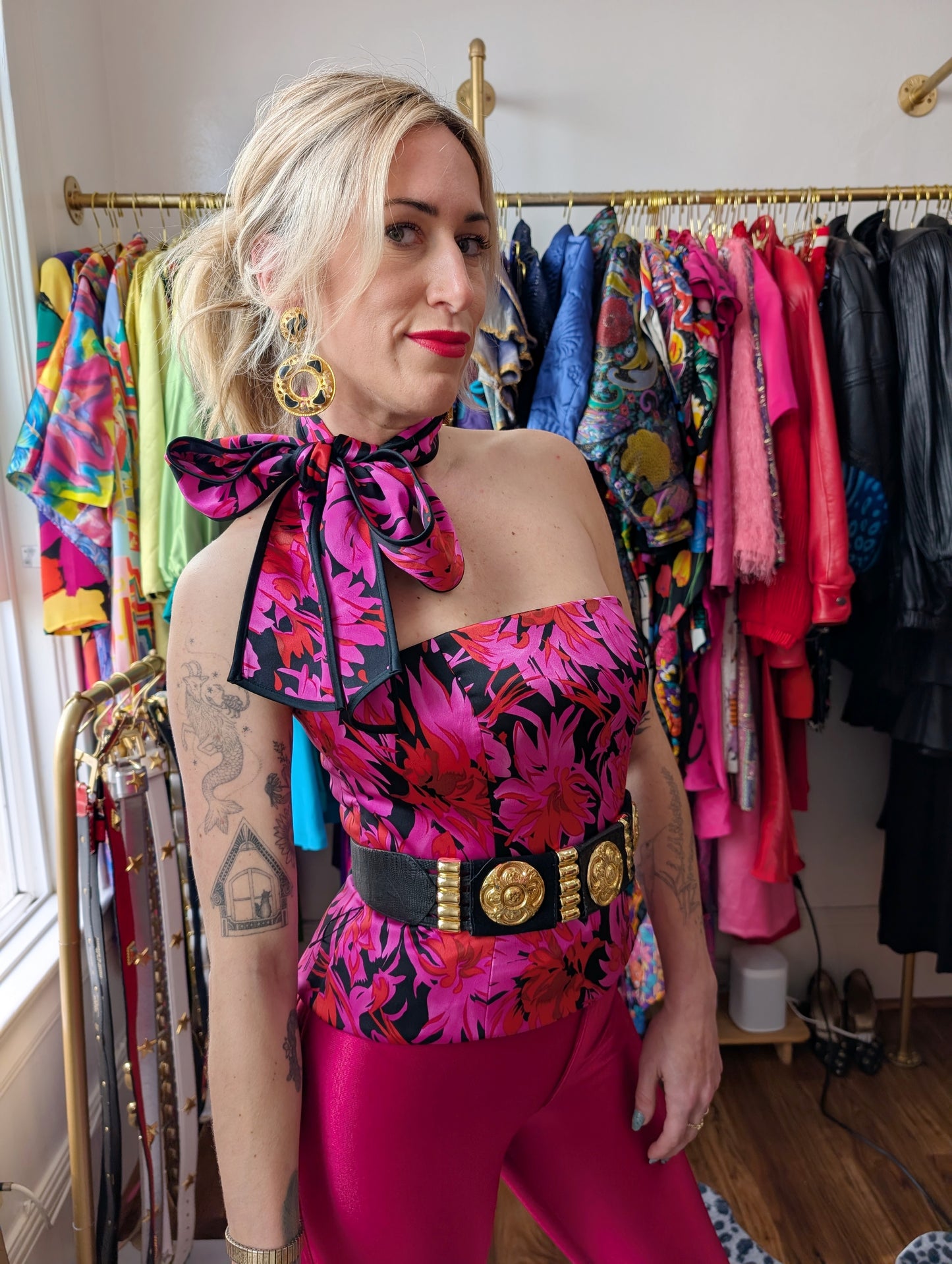 90s Kay Unger Satin Floral Tube Top