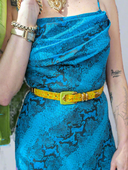 90s Neon Leather Belt w/ Gold Hardware