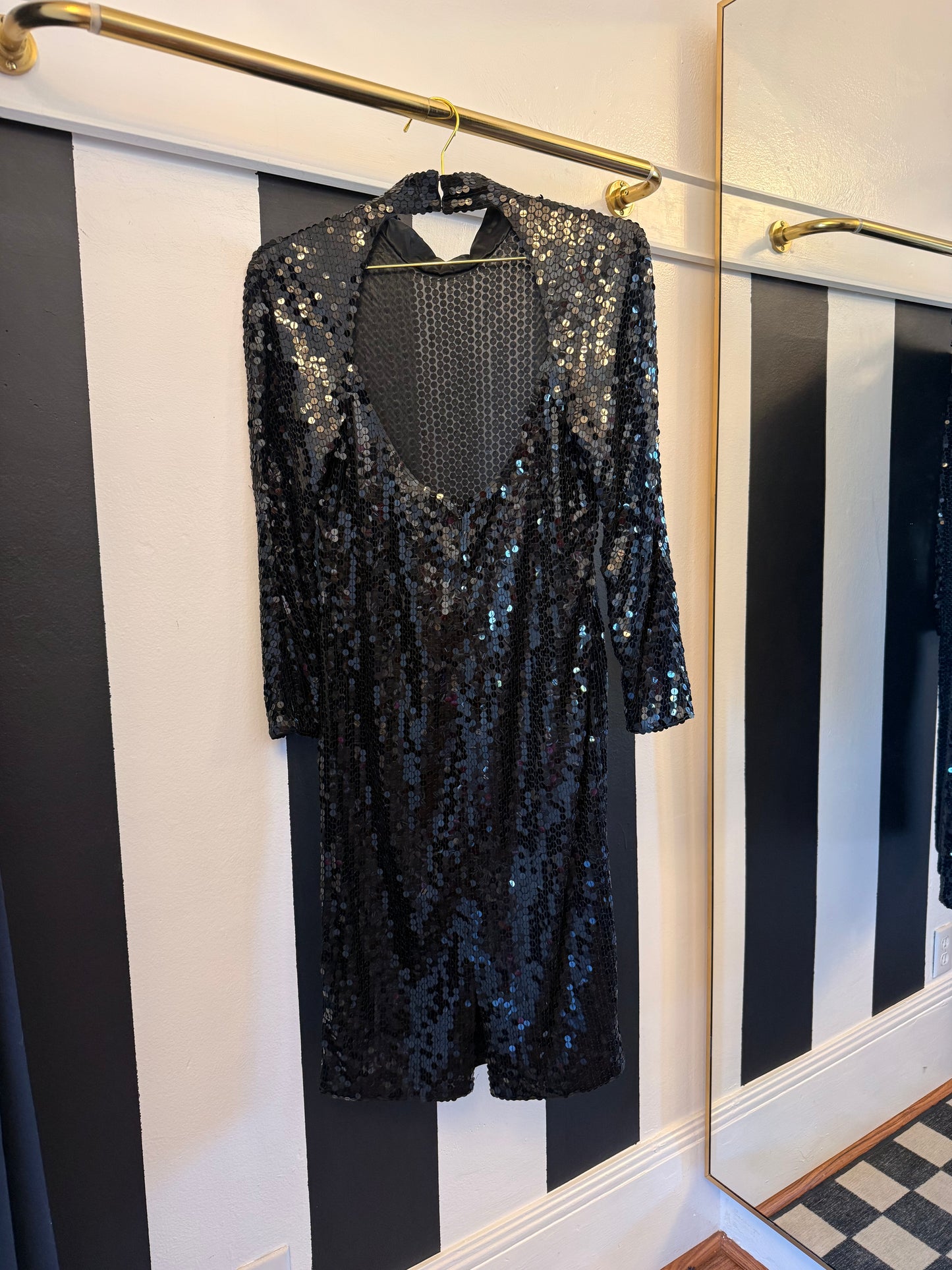 80s Black Sequin Open Back Dress