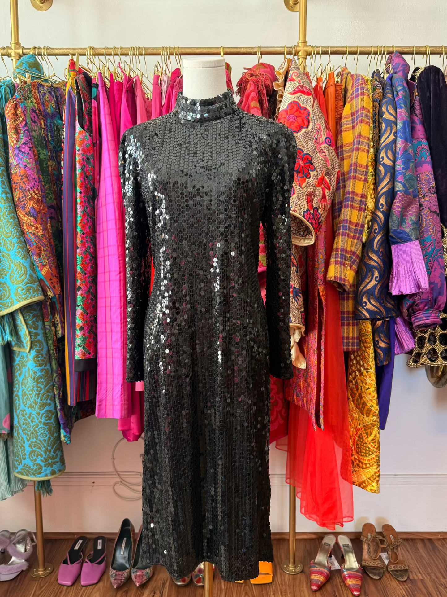 80s Black Sequin Open Back Dress