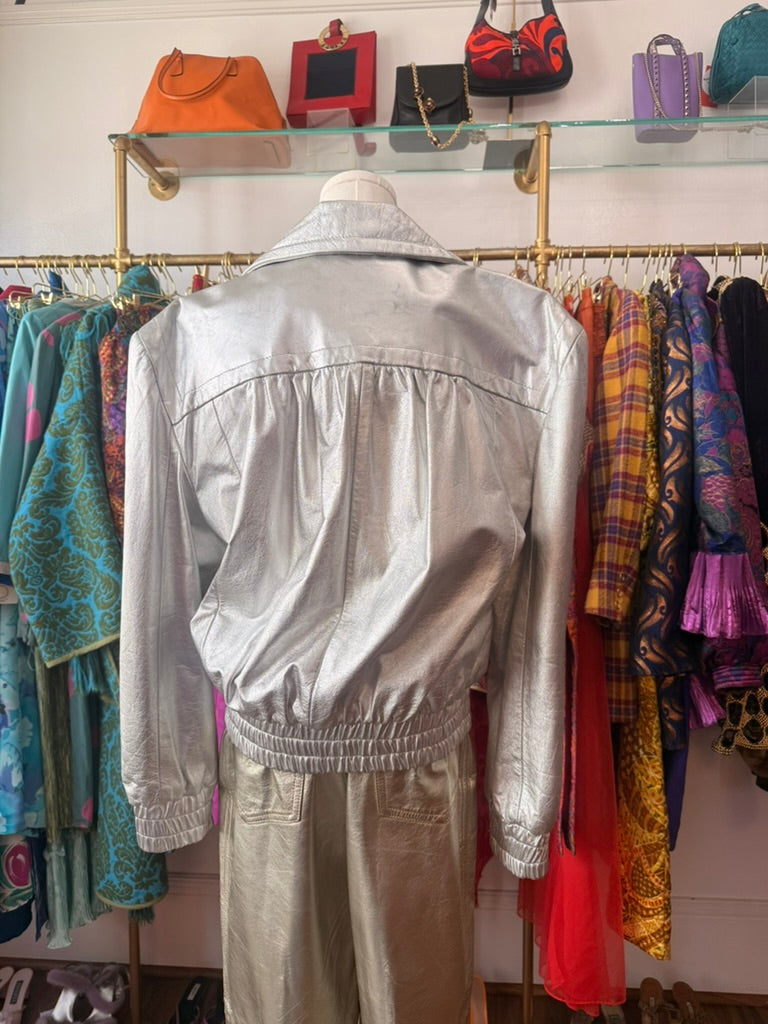 80s Silver Leather Bomber Jacket