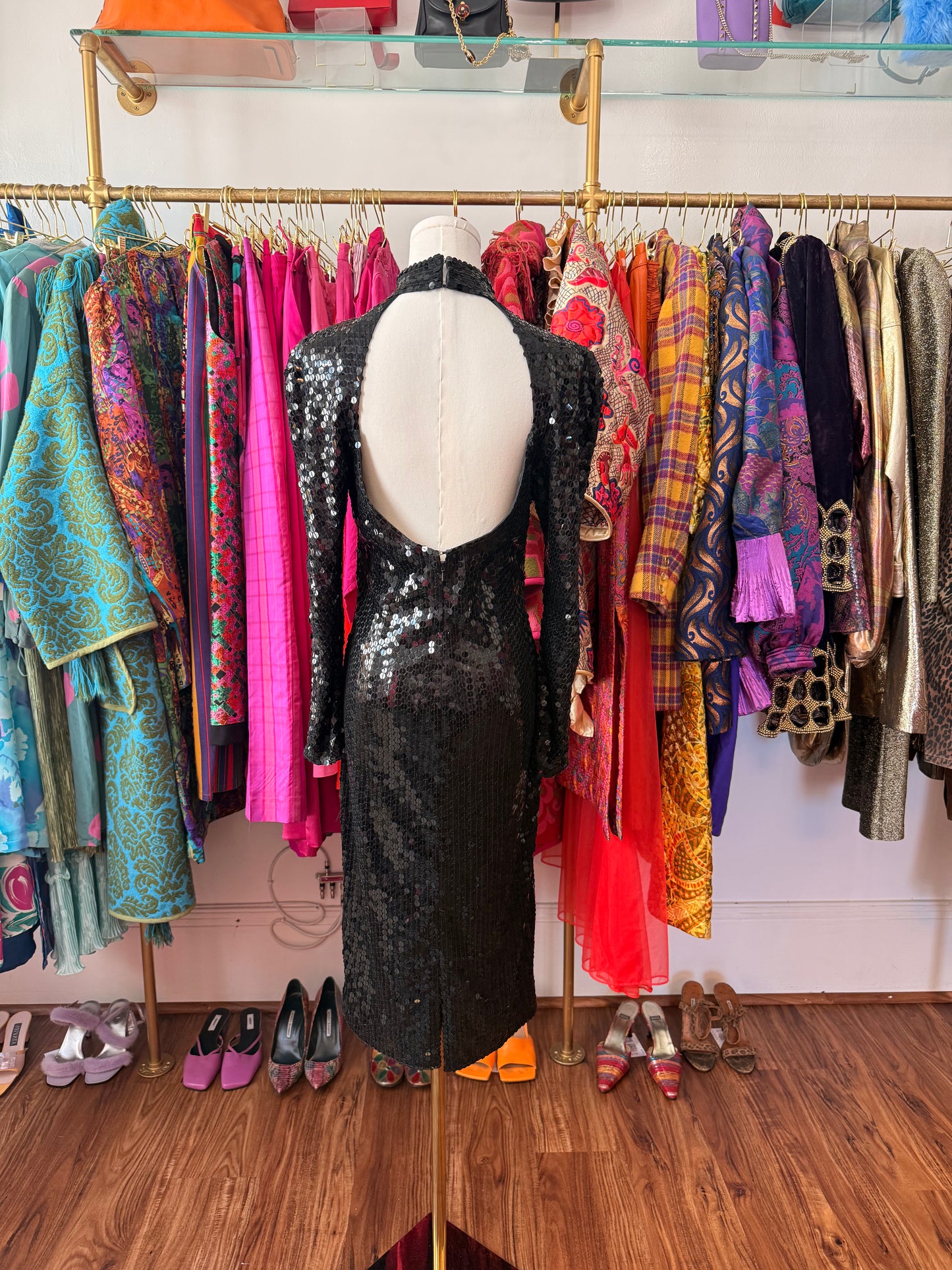 80s Black Sequin Open Back Dress