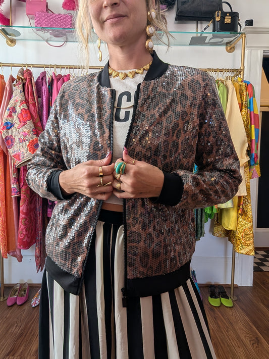 Y2K Bob Mackie Leopard Sequin Bomber Jacket