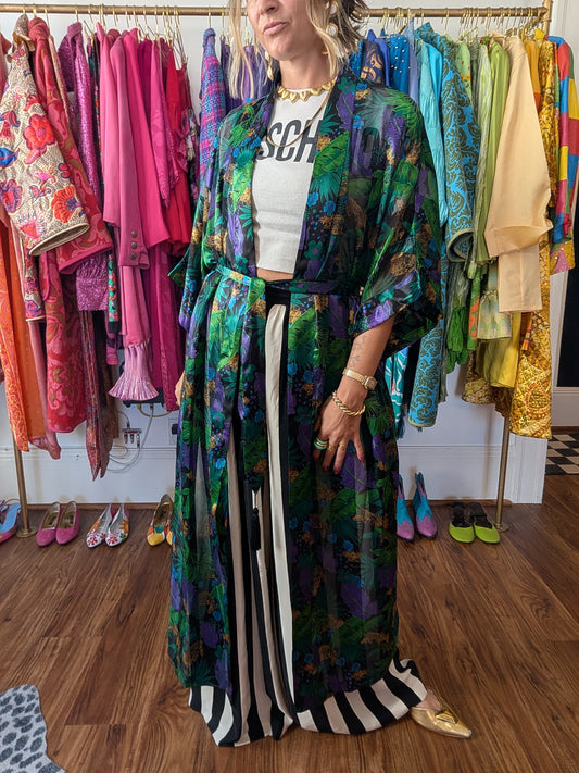 Sheer Green Tropical Print Duster Robe