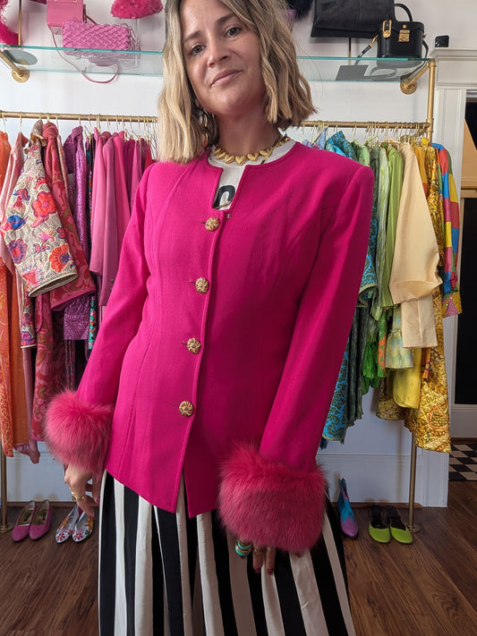 Lily and Taylor Hot Pink Fox-Trimmed Blazer