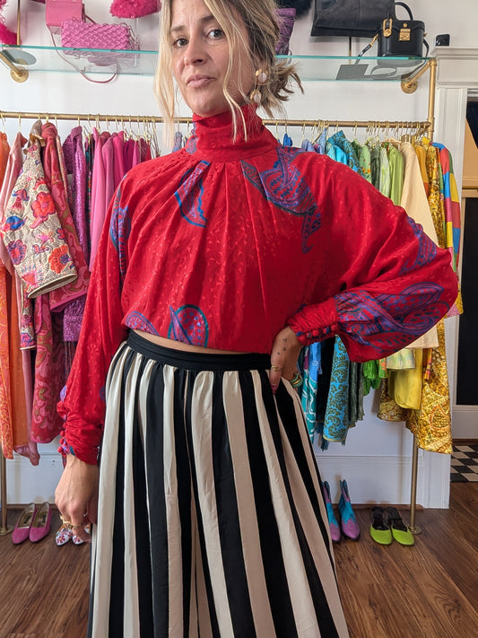 90s Adriana Papell Red Silk Mock Neck Blouse