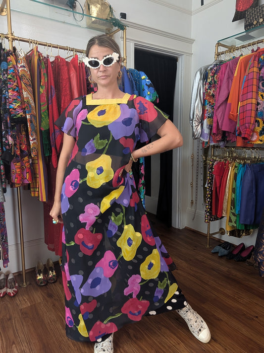 70s Elizabeth Stewart Sheer Floral Chiffon Dress