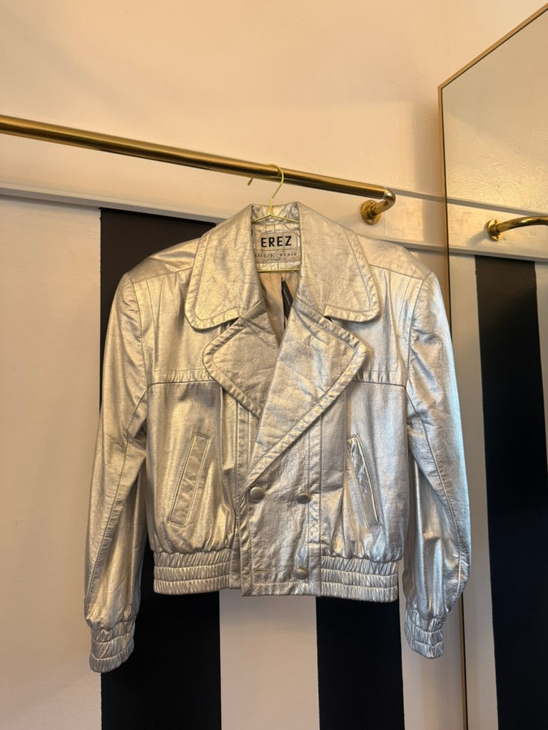 80s Silver Leather Bomber Jacket