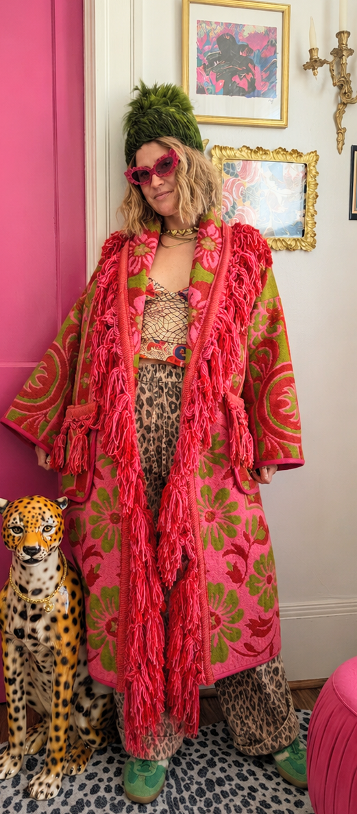 The Loretta Fringe Jacket | Green & Bright Pink