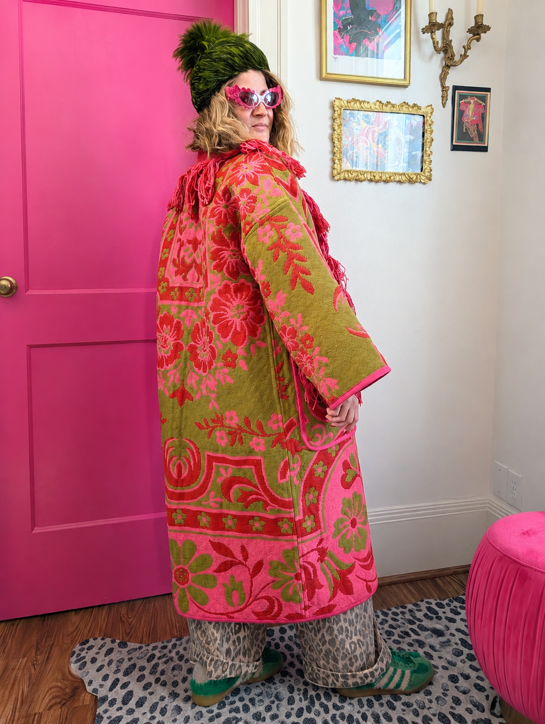 The Loretta Fringe Jacket | Green & Bright Pink
