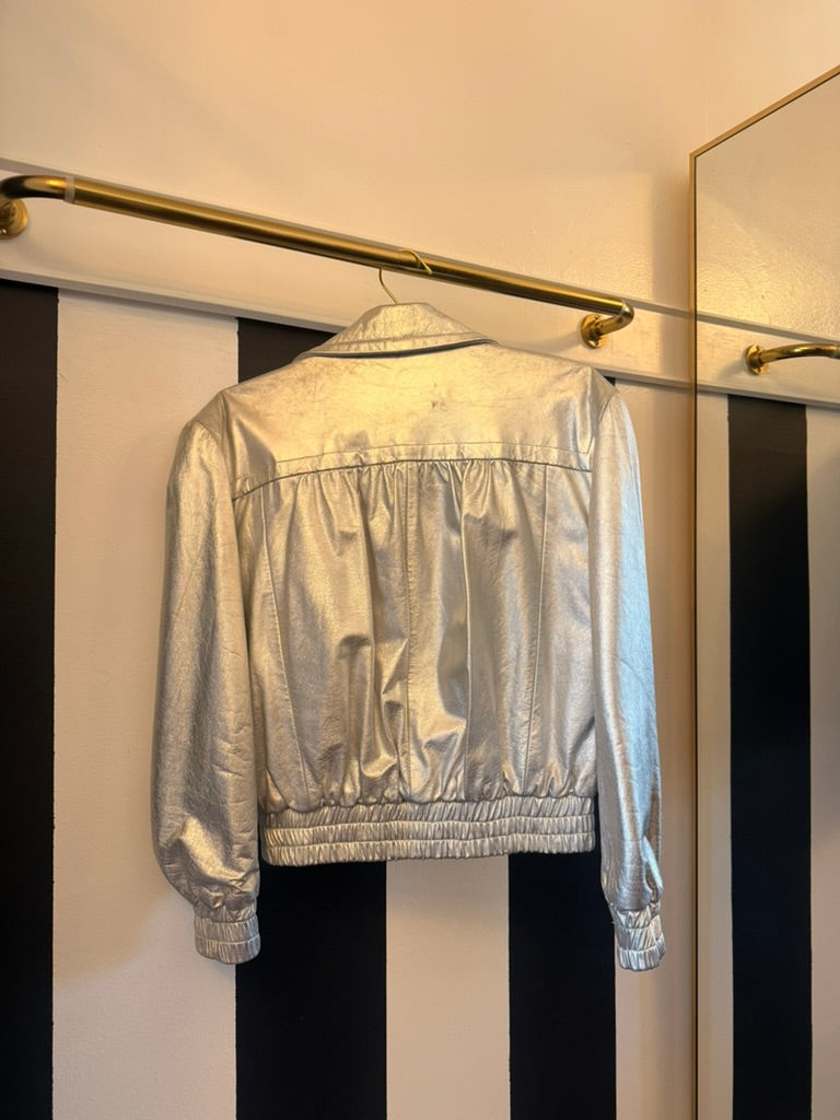 80s Silver Leather Bomber Jacket