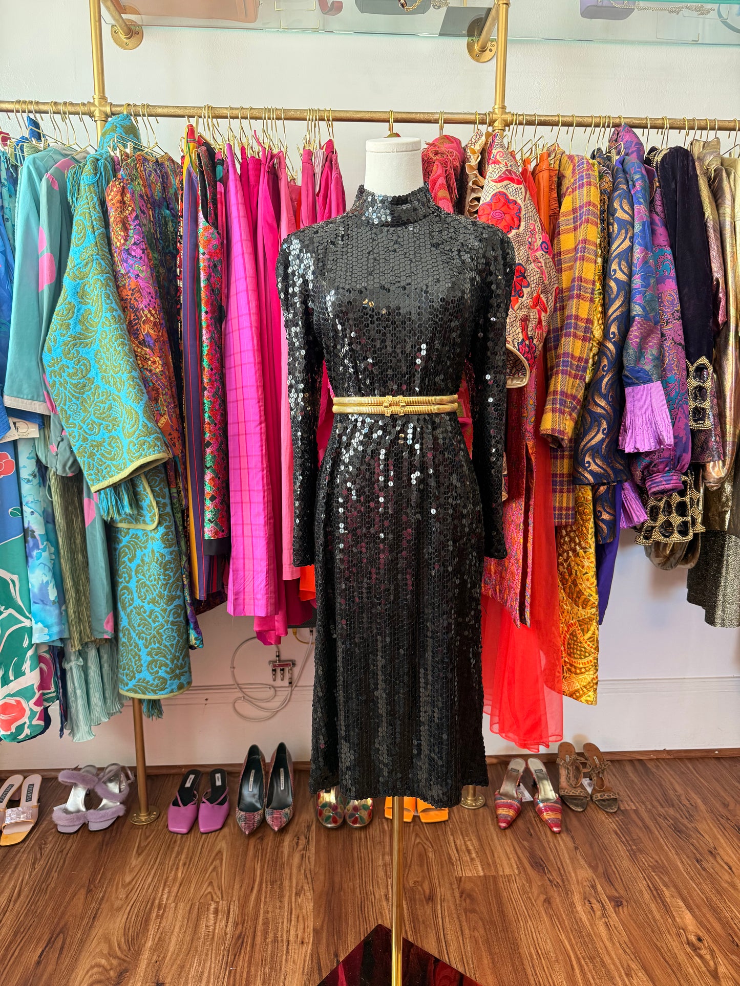 80s Black Sequin Open Back Dress