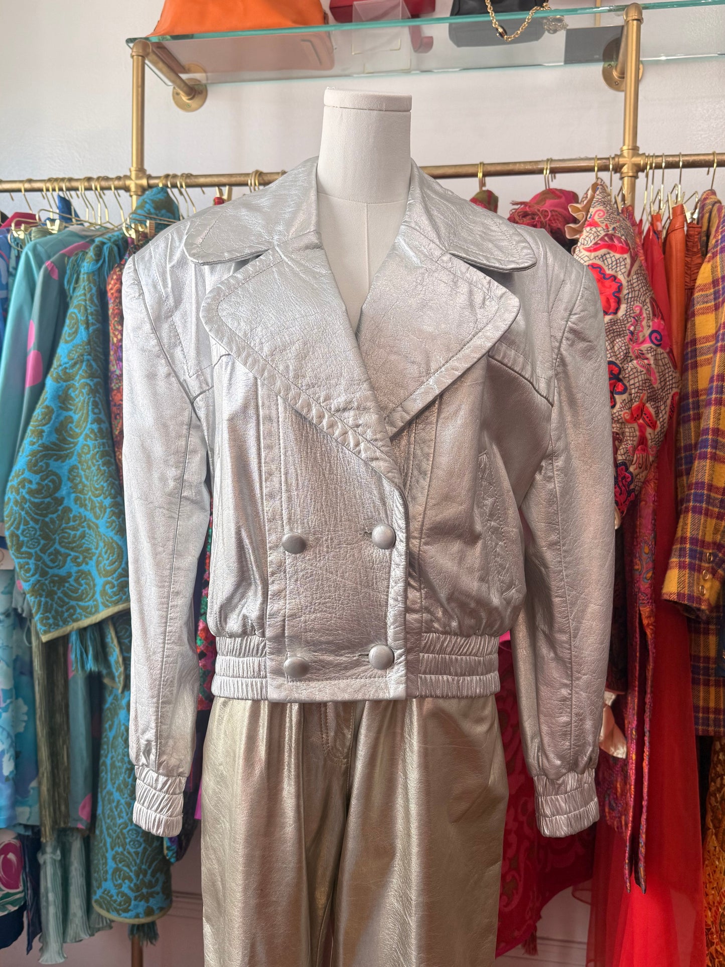 80s Silver Leather Bomber Jacket