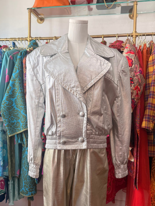 80s Silver Leather Bomber Jacket