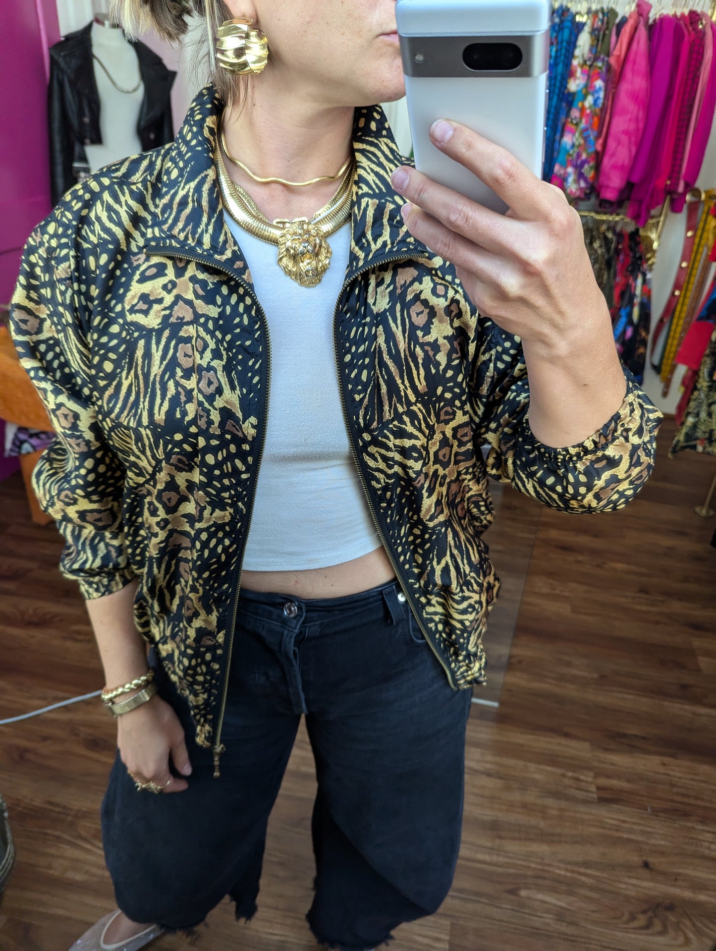 90s Mixed Animal Print Bomber Jacket