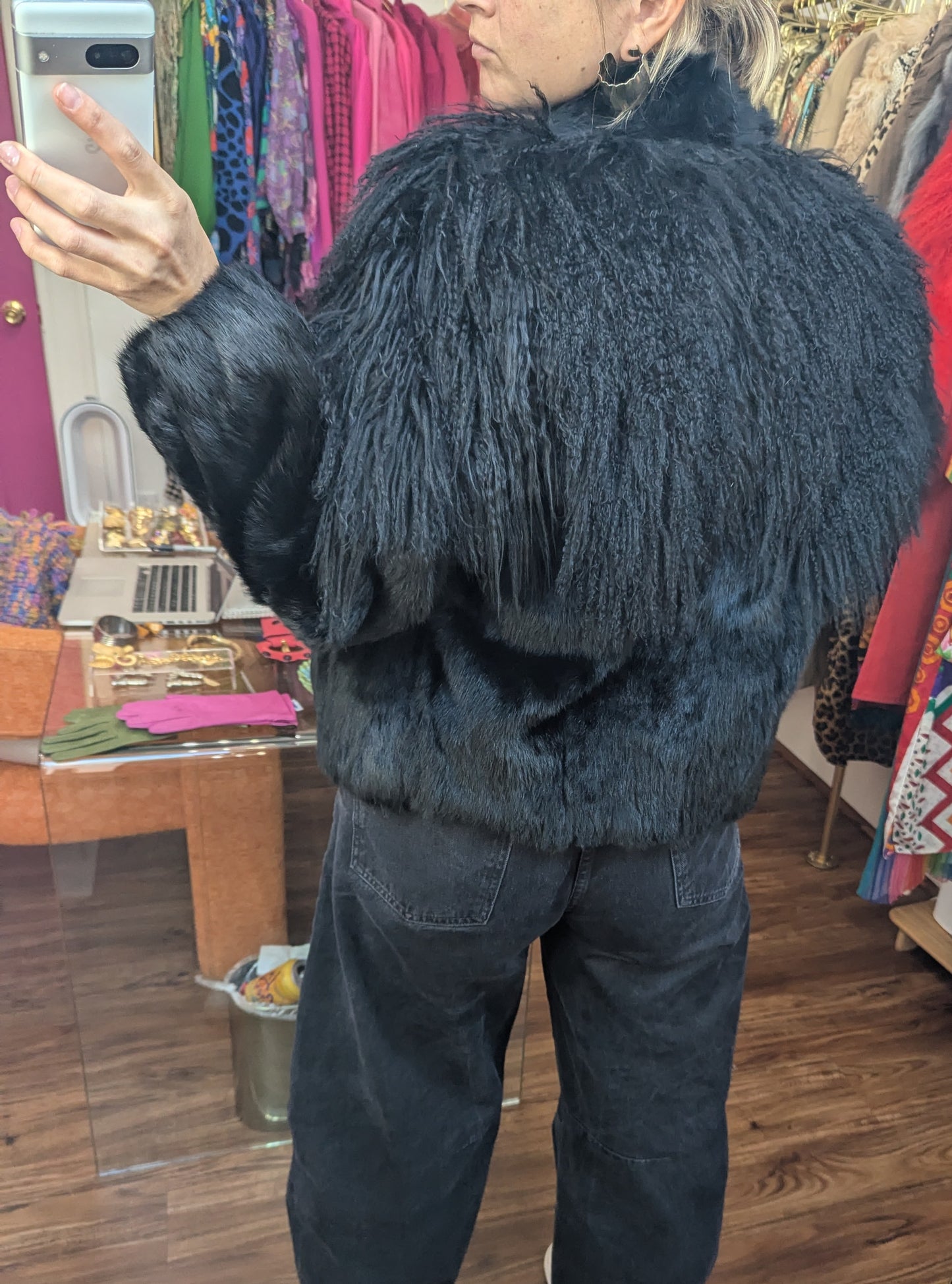 90s Black Curly Lamb Fur Coat