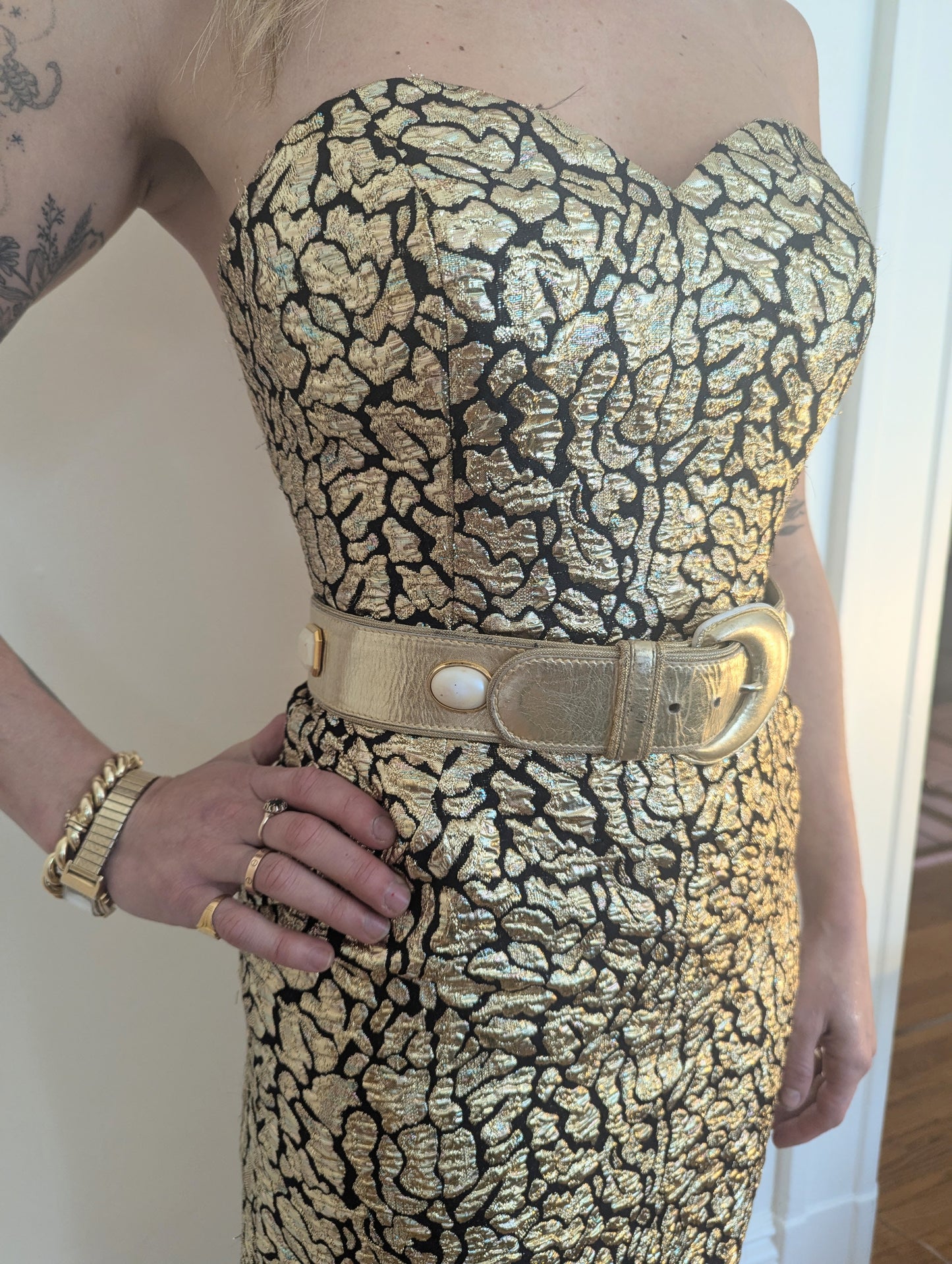 80s Gold Lamé Animal Print Party Dress