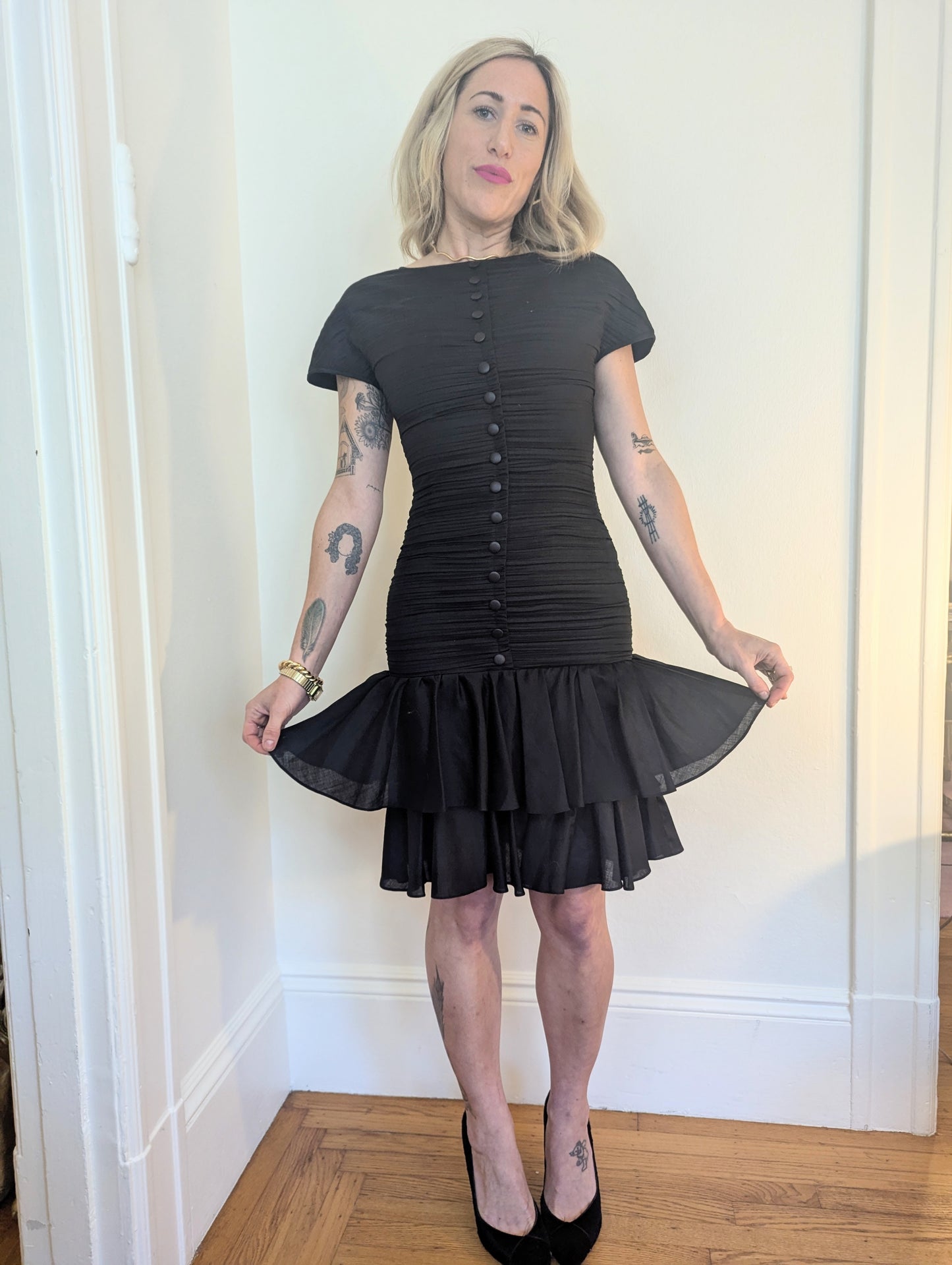 90s Pleated Party Dress with Ruffle Skirt