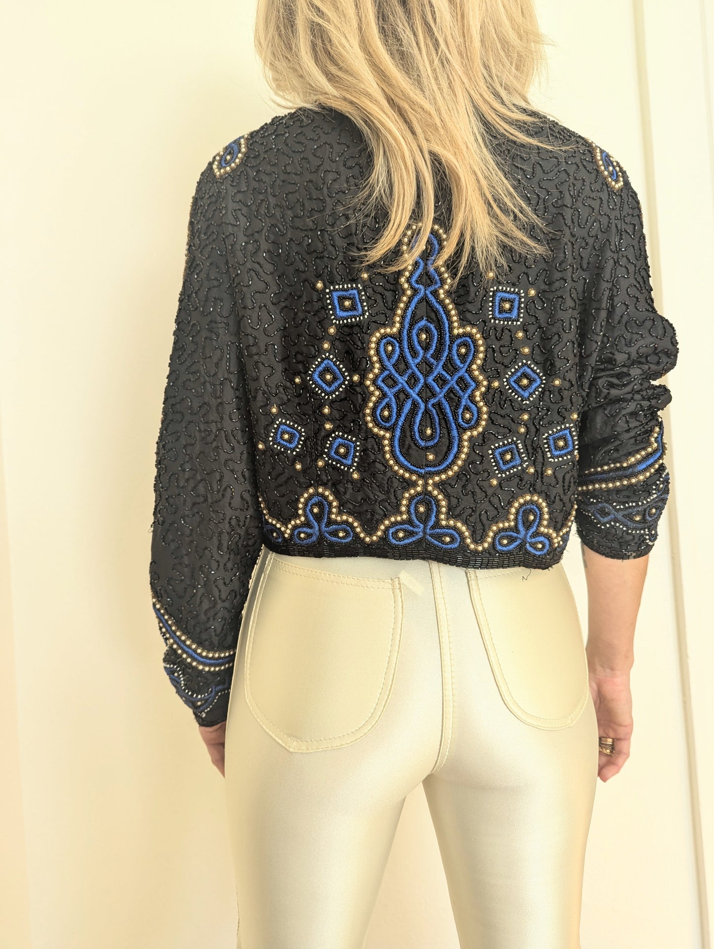 90s High Collared Beaded Blue Jacket