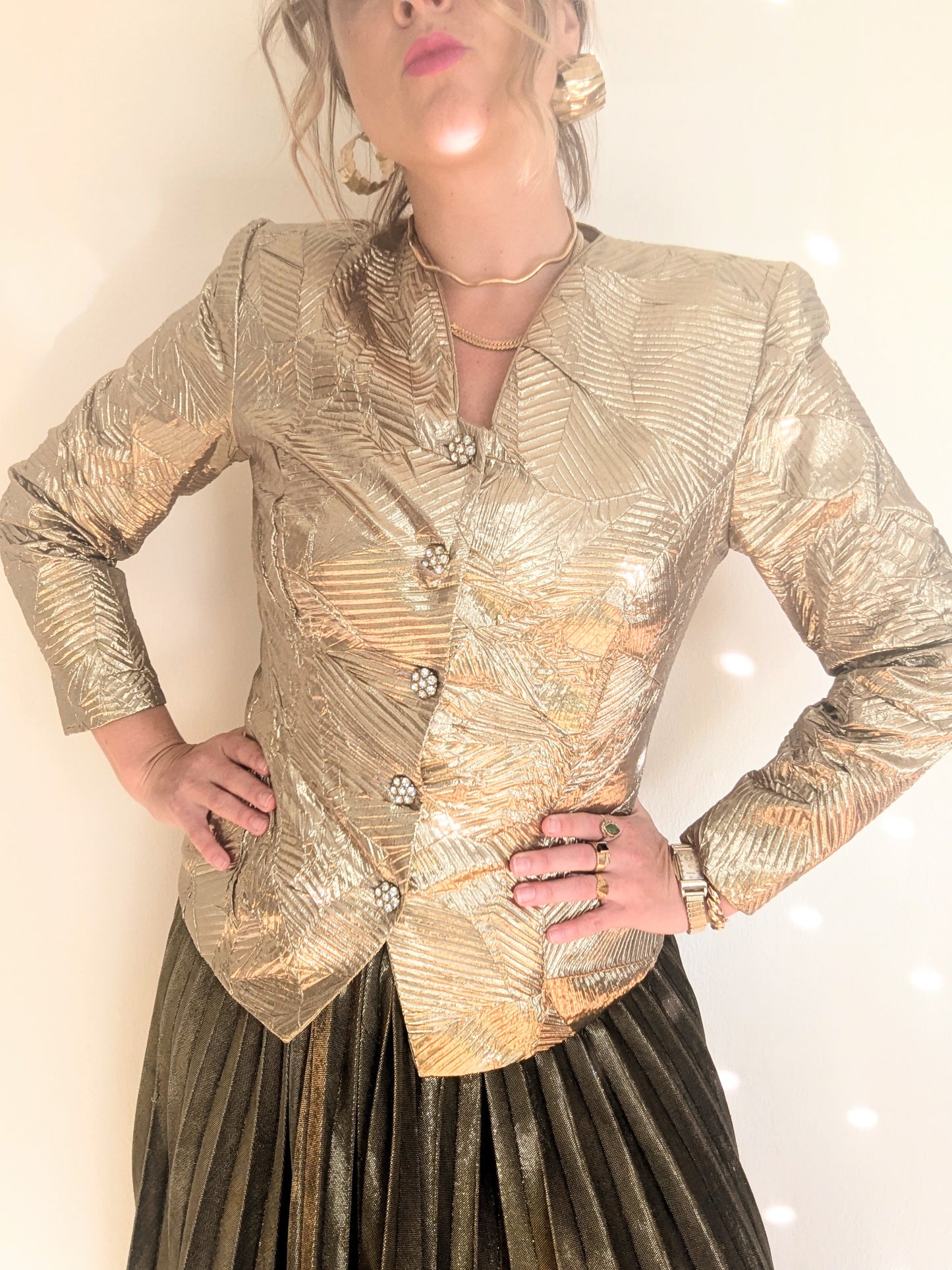 80s Gold Lamé Pleated Peplum Party Jacket