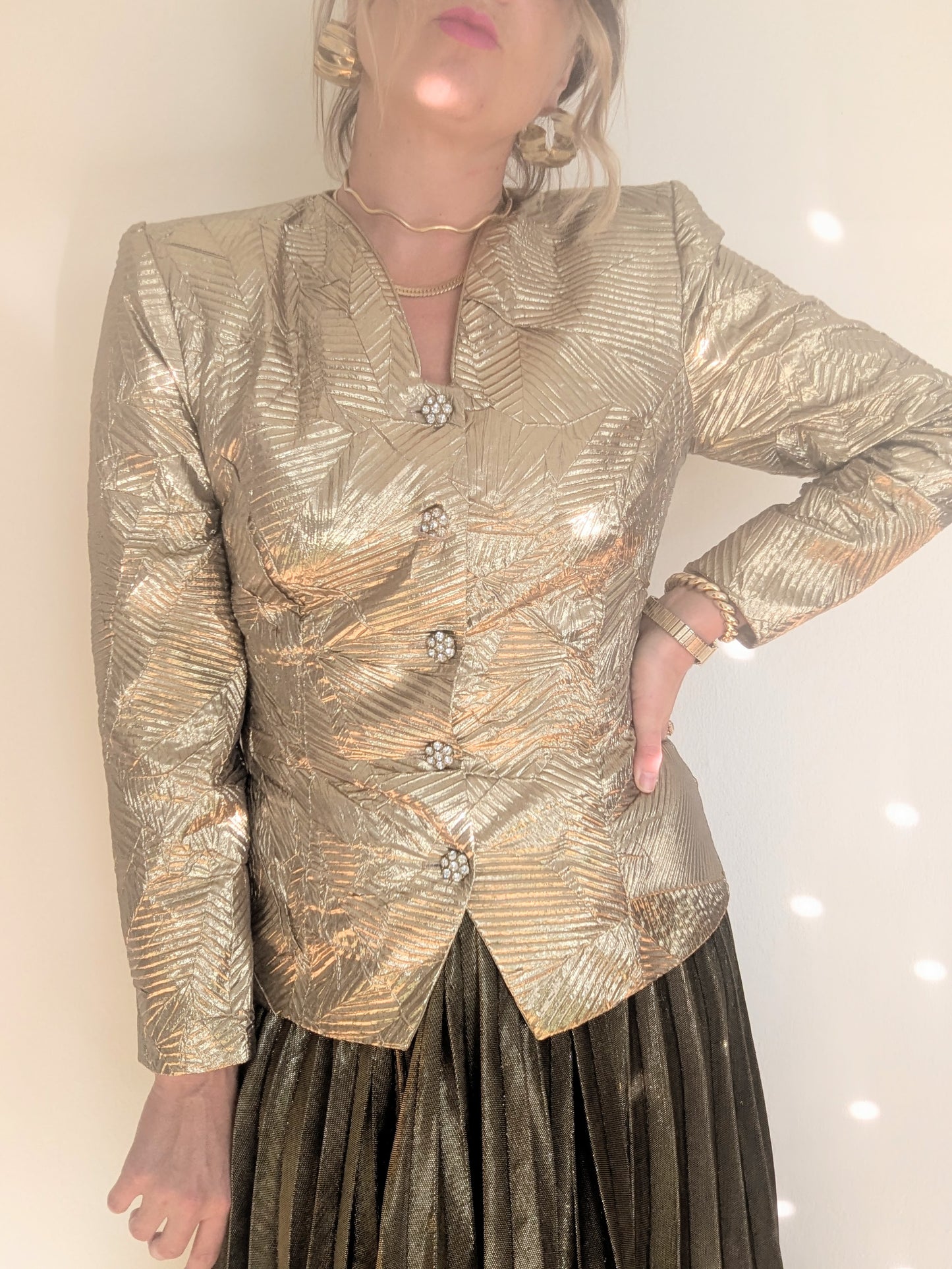 80s Gold Lamé Pleated Peplum Party Jacket