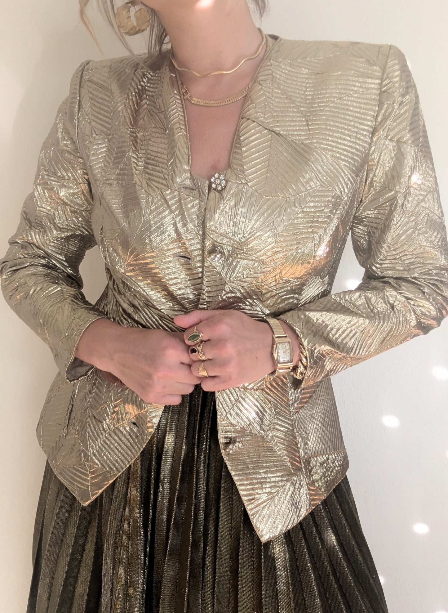 80s Gold Lamé Pleated Peplum Party Jacket