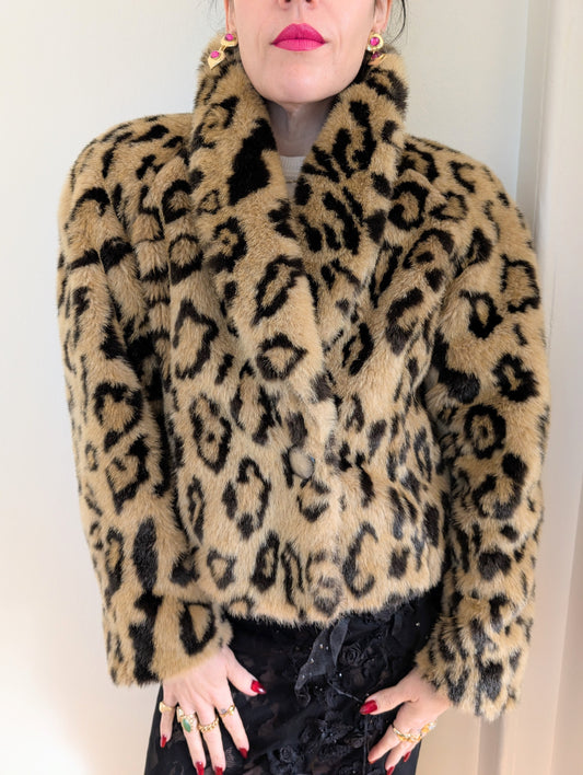 80s Leopard Faux Fur Cropped Jacket