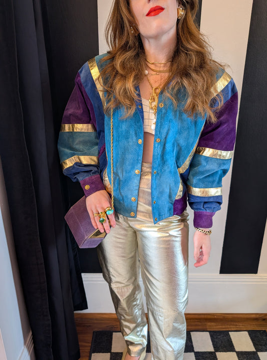 80s Patchwork & Metallic Leather Suede Bomber