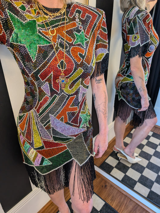 80s Beaded Fringe Party Dress