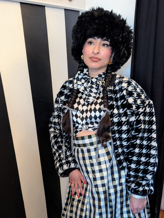90s Houndstooth Faux Fur Bomber Jacket