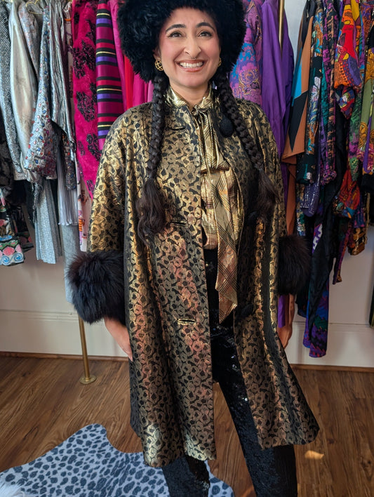 70s Metallic Fur Trimmed Swing Coat