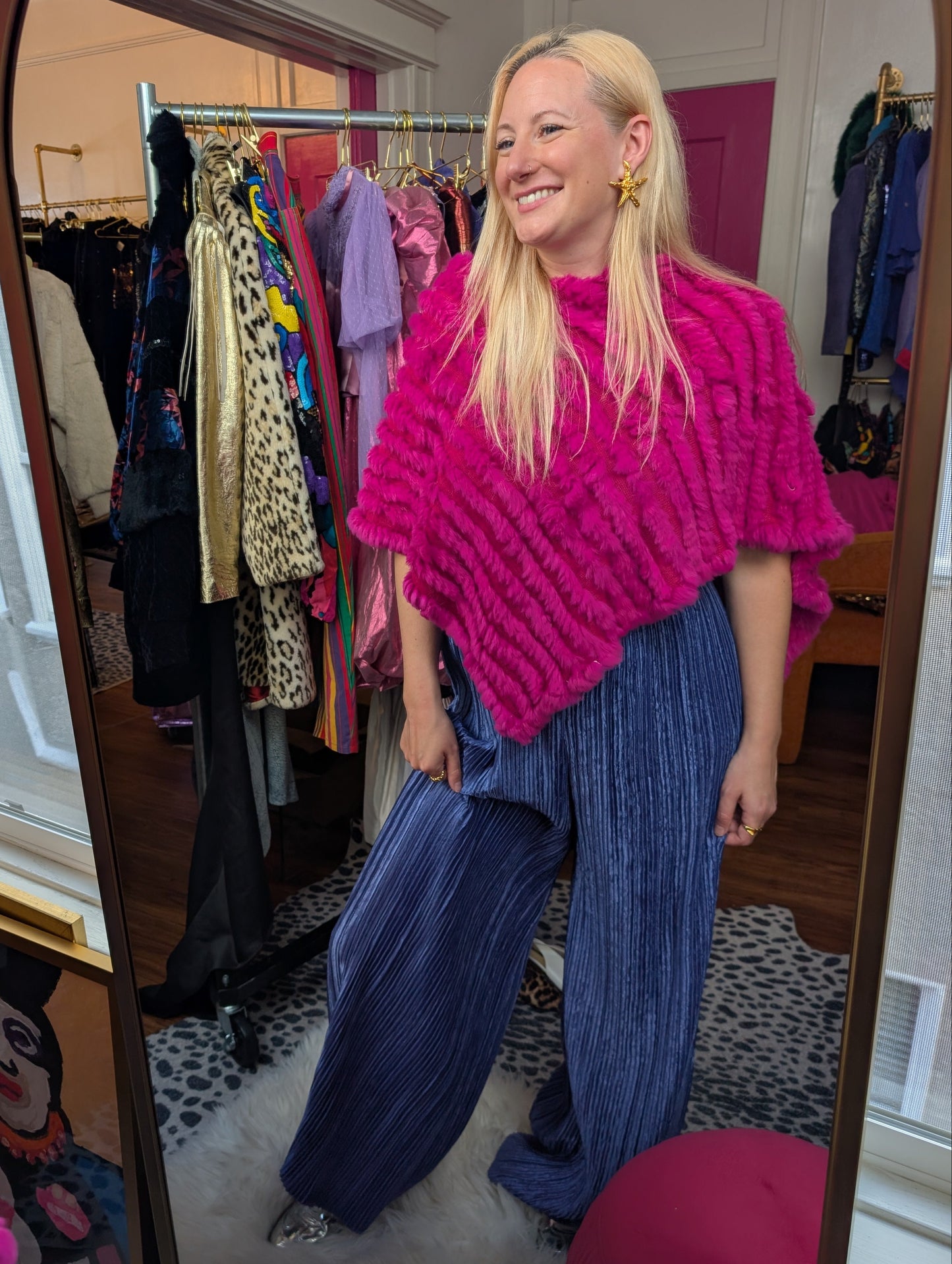 Hot Pink Rabbit Fur Poncho