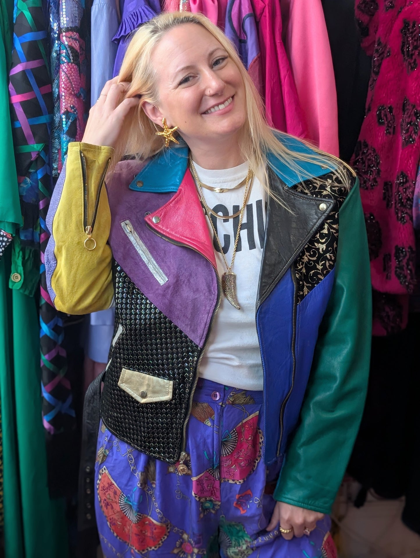 80s Color-block Leather & Suede Moto Jacket