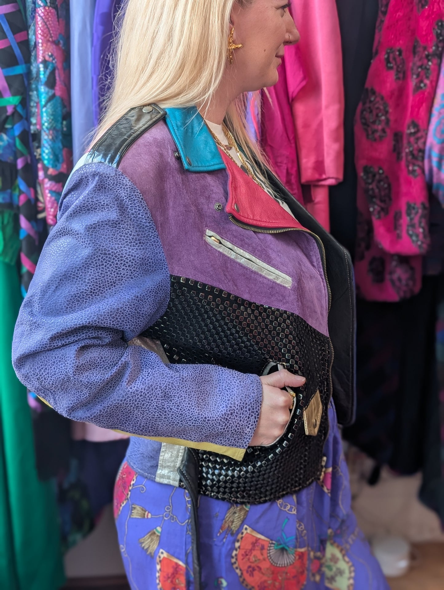 80s Color-block Leather & Suede Moto Jacket