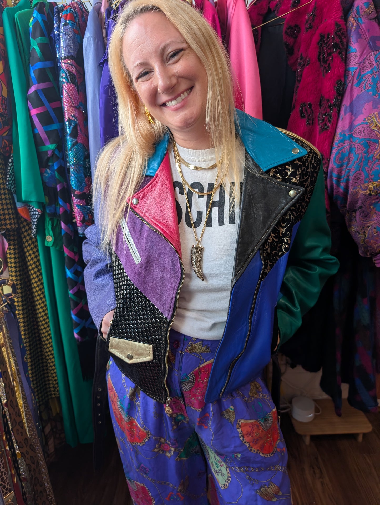 80s Color-block Leather & Suede Moto Jacket