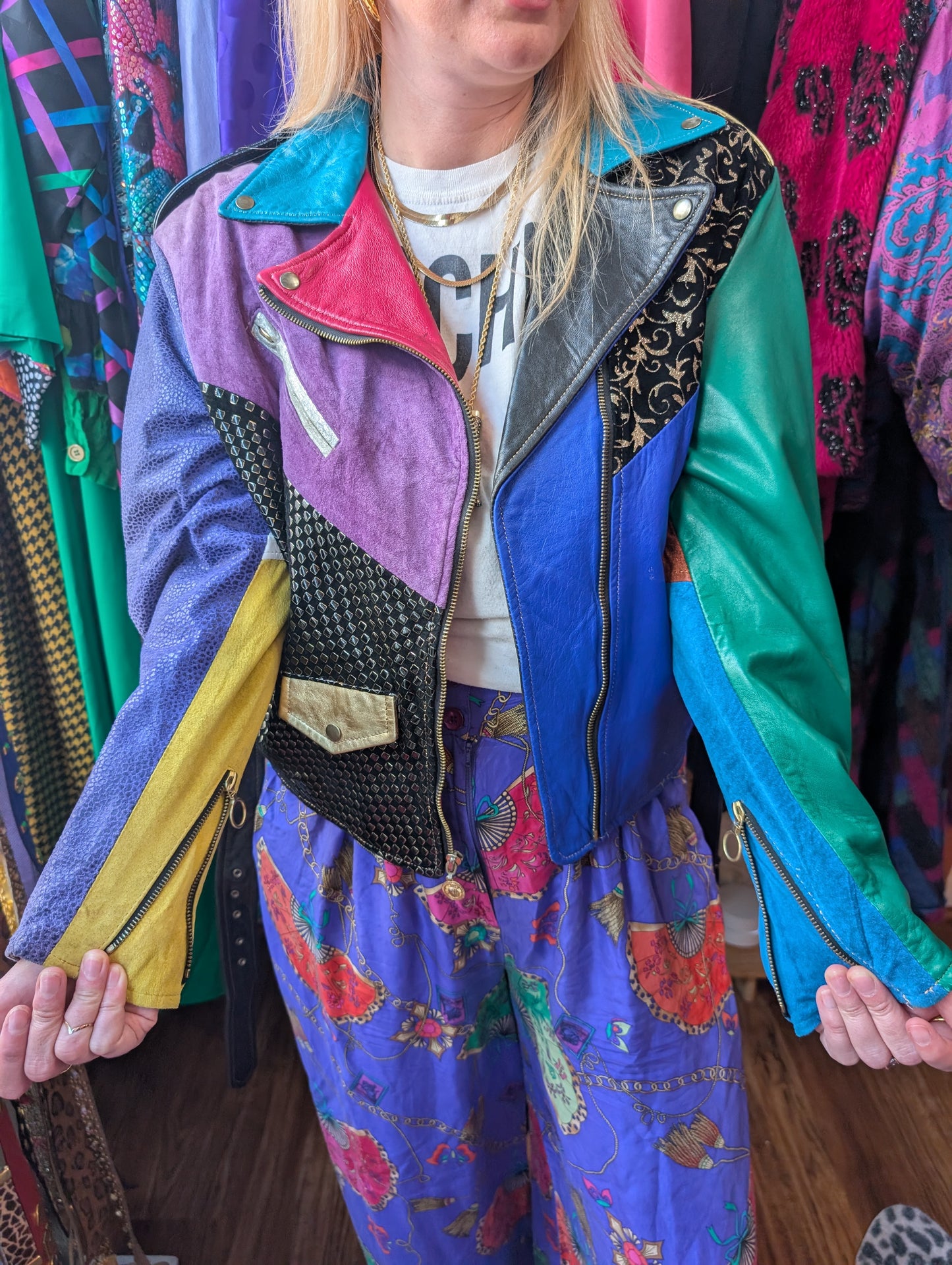 80s Color-block Leather & Suede Moto Jacket